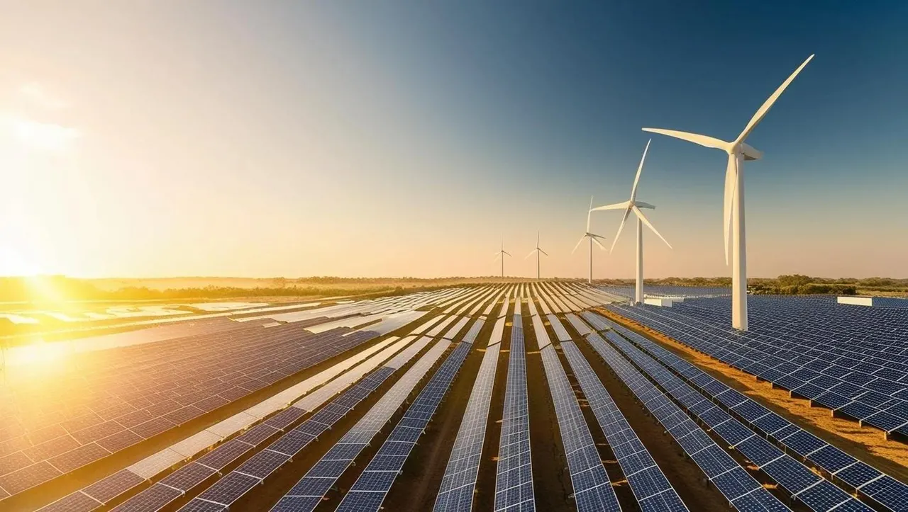 Solar panels and wind turbines at sunrise